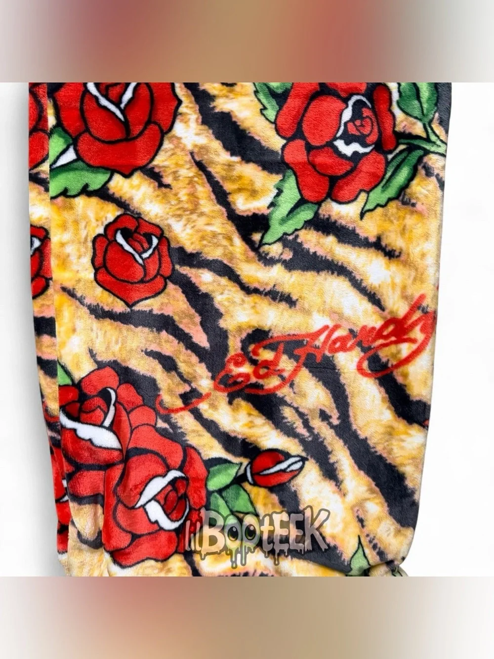 Ed Hardy Tiger Print w Roses & Logo Printed Plush Oversized Throw Blanket